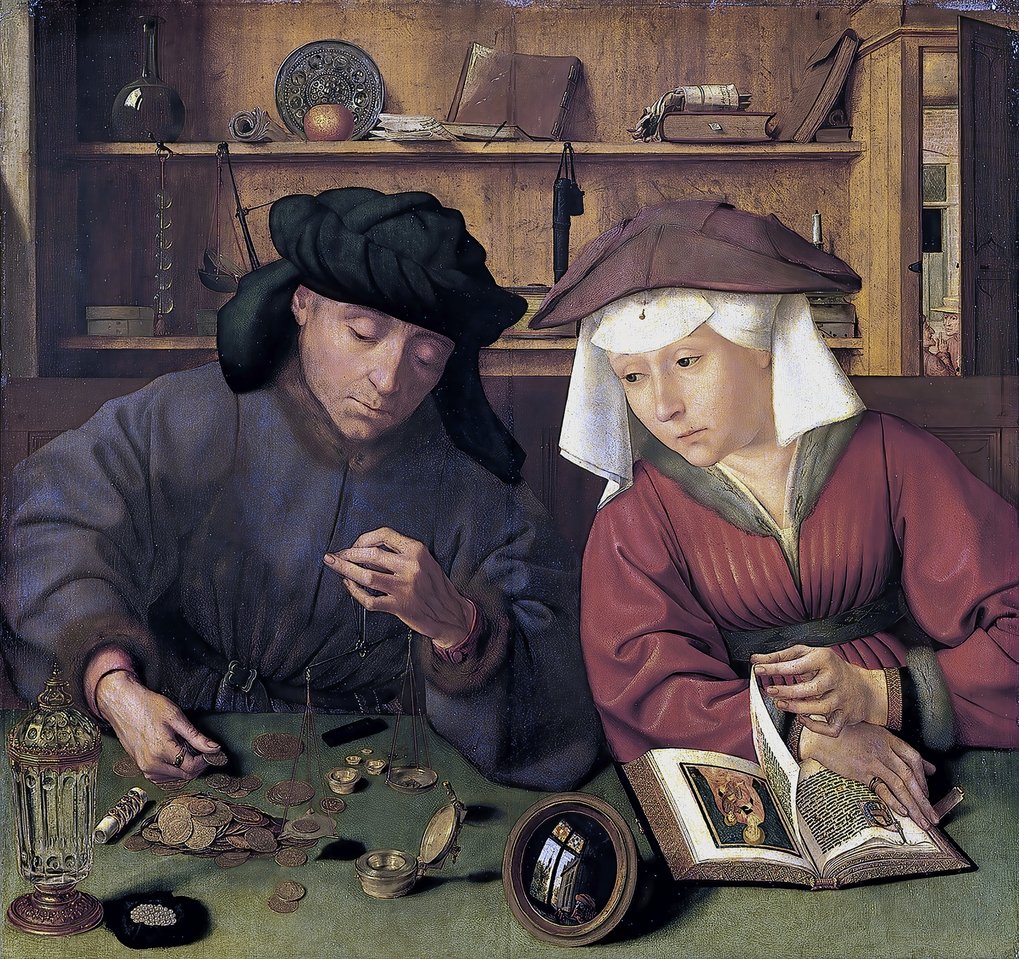 Painting by Quentin Massys of The Money Lender and his Wife, 1514, depicting a man and woman seated next to each other and gazing downwards.